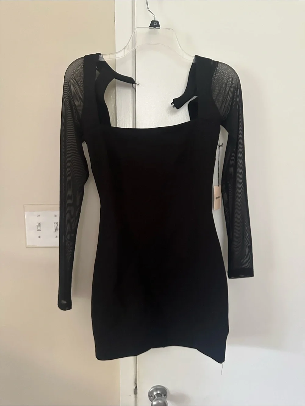 NWT Superdown Black Square-Neck Mini Dress with Sheer Long Sleeves